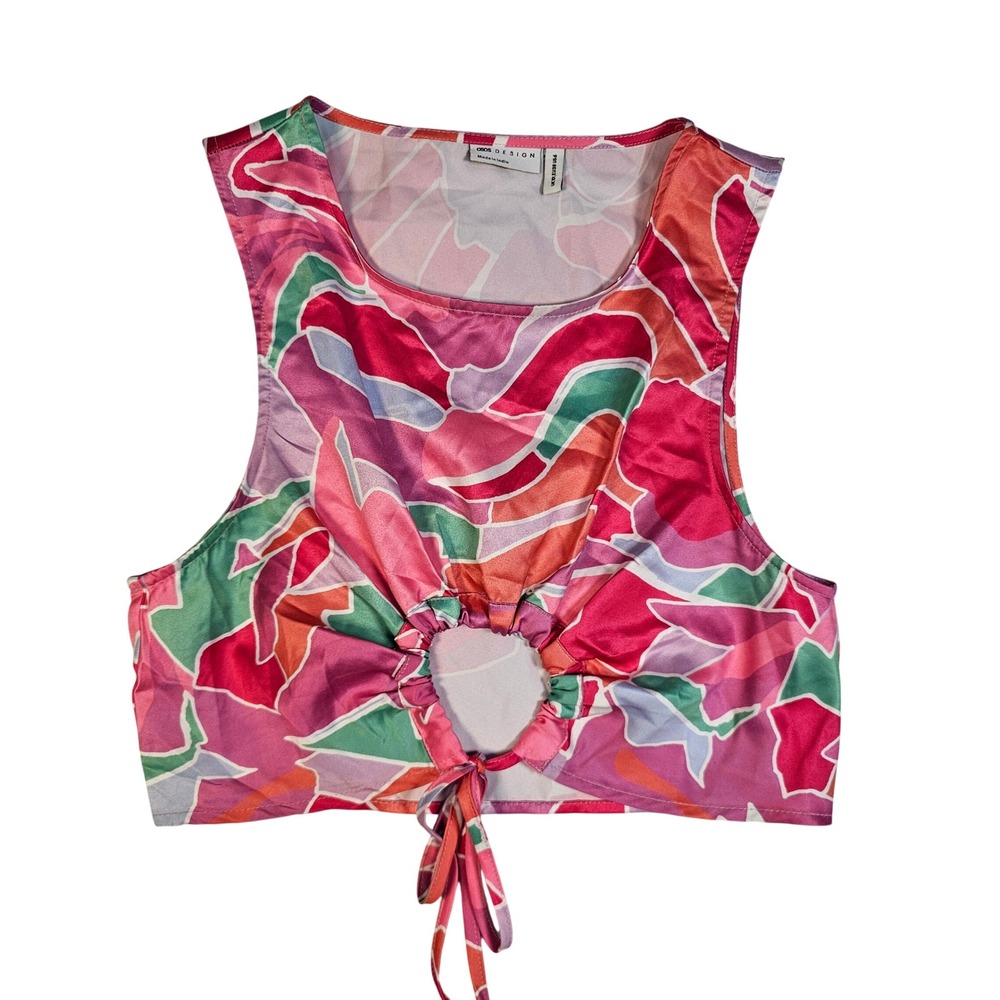 ASOS DESIGN Pink Abstract Floral Satin Cutout Tie Front Crop‎ Top Womens US 6